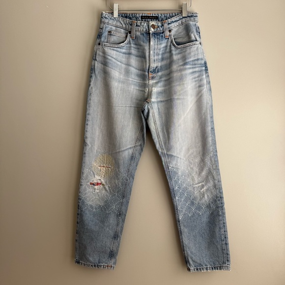 NUDIE JEANS Breezy Britt Used Original Distressed Ripped Patchwork Jeans 28x26 - Picture 1 of 14